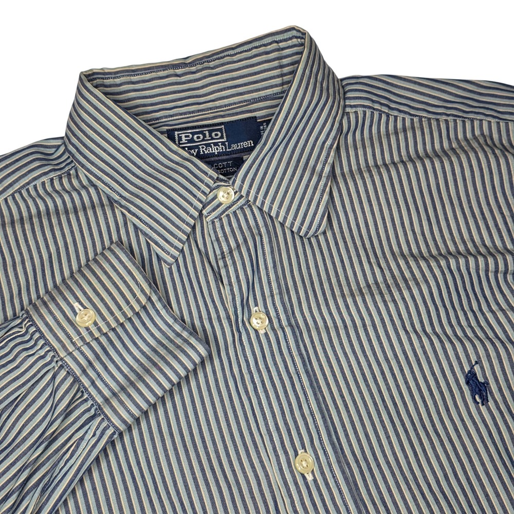 VTG Polo Ralph Lauren Mens Striped‎ Long Sleeve Button Shirt Blue Size 16 Y2K